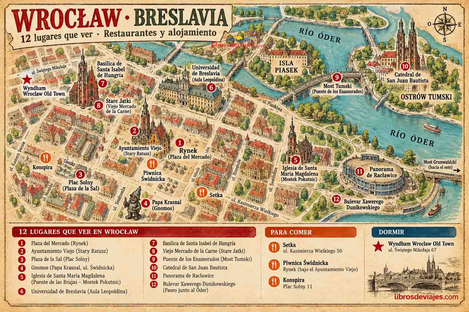 Mapa turístico de Wroclaw con 12 lugares que ver, restaurantes y hotel